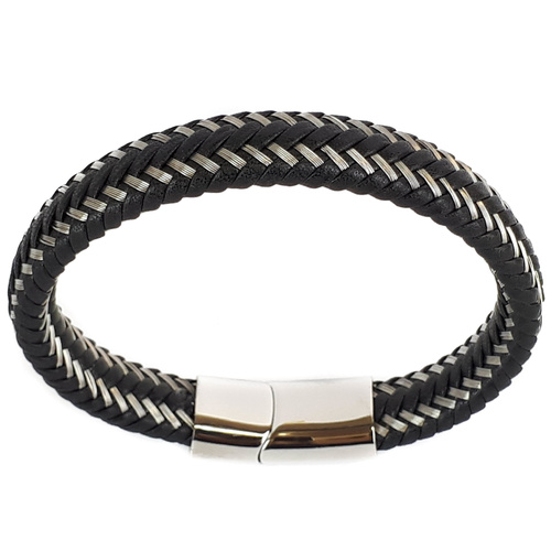 BLACK LEATHER AND STAINLESS STEEL BRACELET