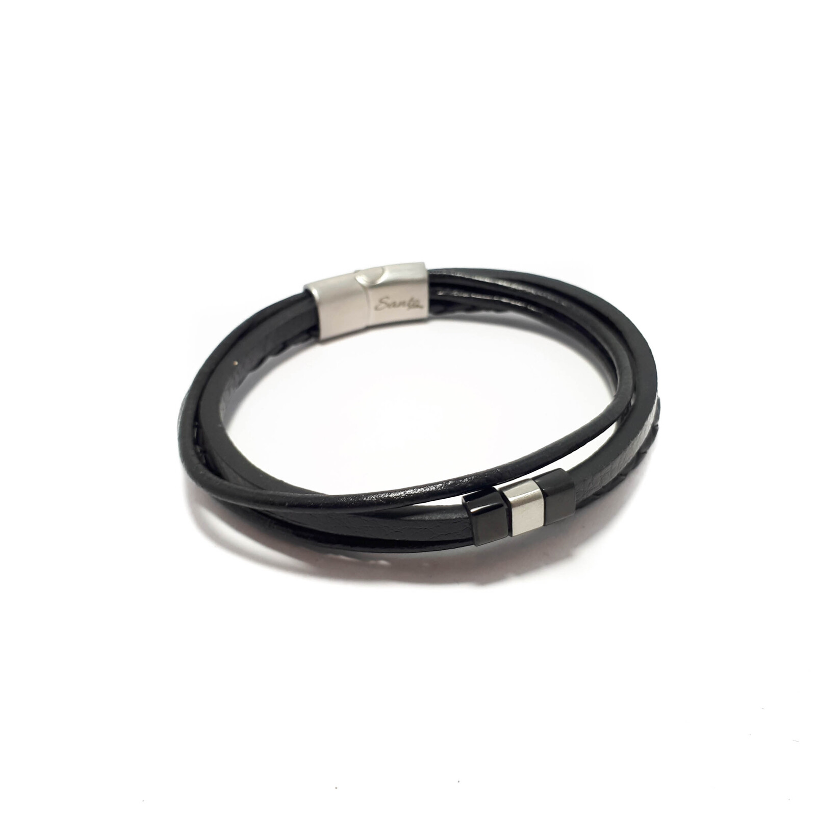 FOUR STRAND BLACK LEATHER BRACELET WITH FLAT STAINLESS STEEL BEADS ...