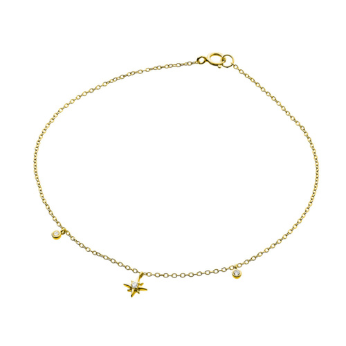 Indulge Sterling Silver fine chain Anklet with CZ North Star and charms
