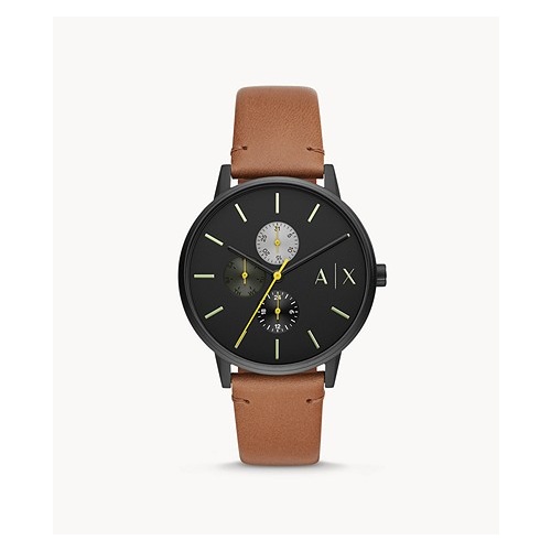 ARMANI EXCHANGE CAYDE MULTI FUNCTION TAN LEATHER WATCH