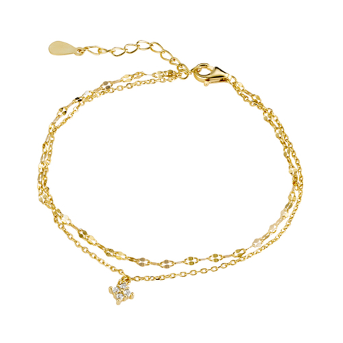 Indulge Yellow Gold Plated Sterling silver double chain bracelet with CZ pendant