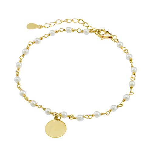 Indulge Yellow Gold Plated Sterling silver bracelet with pearls and flat engravable disc charm