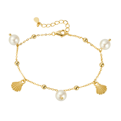 Indulge Yellow Gold Plated Sterling silver sea shell and freshwater pearl charm bracelet
