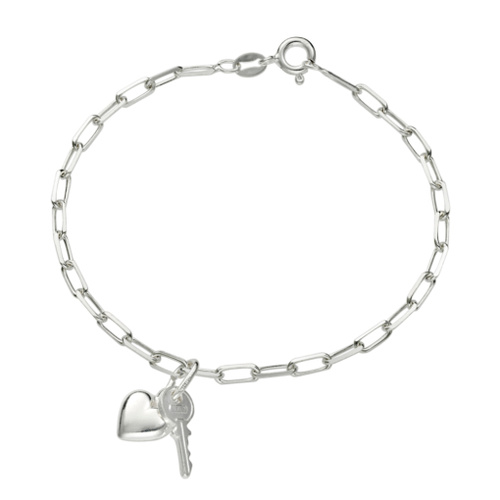 Indulge Sterling Silver Paperclip Chain Bracelet with key & heart charms