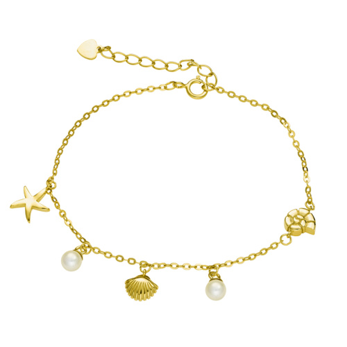 Indulge S/S Yellow Gold Plated Fancy Link Fine Cable Bracelet with Pearl & Ocean Charms