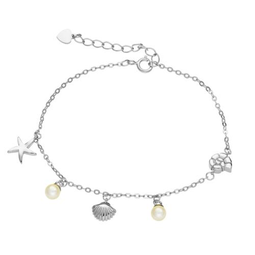 Indulge Sterling Silver Fancy Link Fine Cable Bracelet with Pearl & Ocean Charms