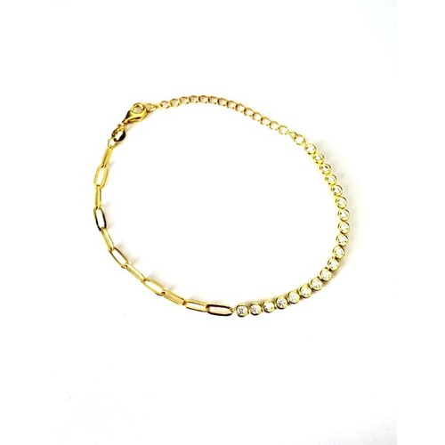 SANTO YELLOW GOLD PLATED S/SIL HALF CZ HALF PAPERCLIP LINK BRACELET