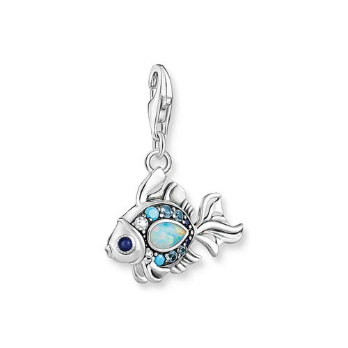 Charm pendant fish with blue stones silver