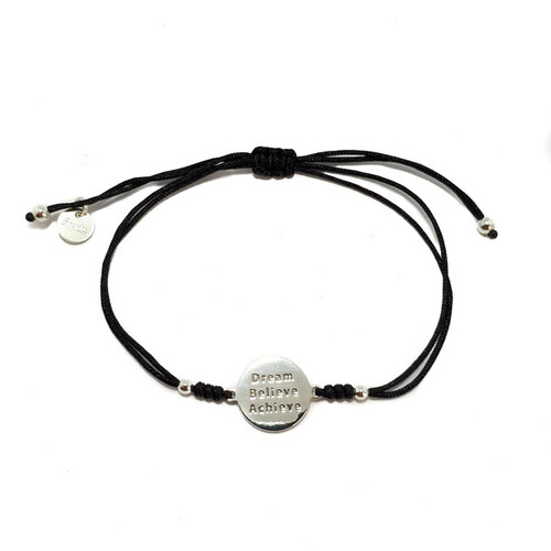 SANTO STERLING SILVER DREAM, BELIEVE, ACHIEVE CORD BRACELET BLACK