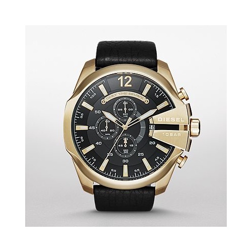 DIESEL MEGA CHIEF BLACK LEATHER GOLD TONE DZ4344
