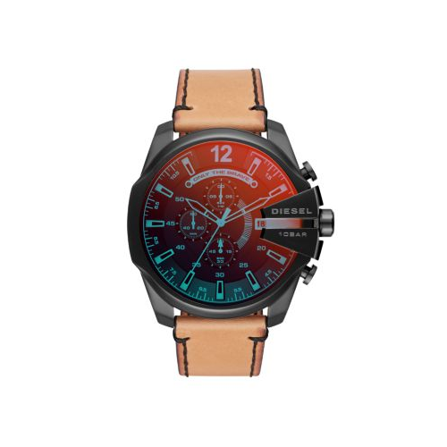 DIESEL MEGA CHIEF TAN LEATHER AND IRIDESCENT WATCH