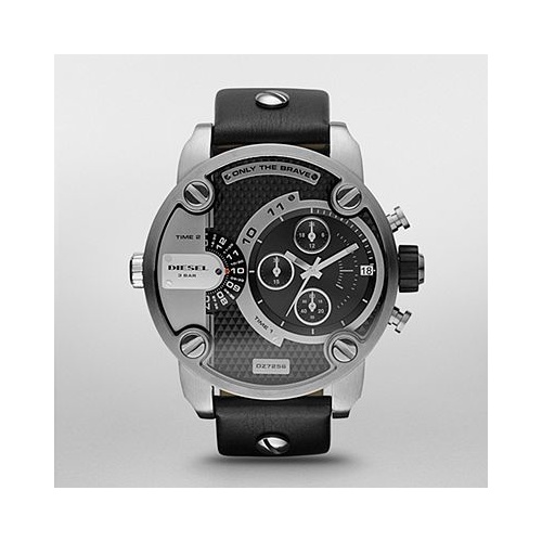 DIESEL MINI DADDY DUAL TIME S/STEEL BLACK LEATHER CHRONO