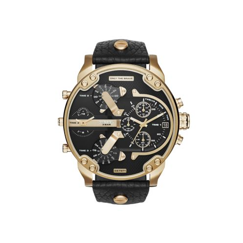 DIESEL MR DADDY BLACK LEATHER AND YELLOW GOLD WATCH