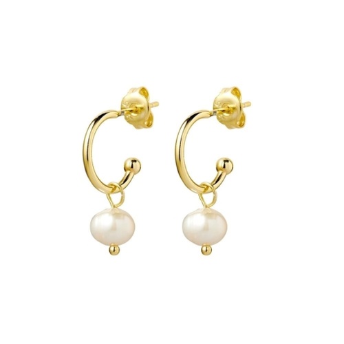 Indulge Yellow Gold Sterling silver half hoop earrings with freshwater pearl