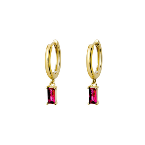 Indulge Yellow Gold Plated Sterling silver ruby pink CZ baguette hoop earrings
