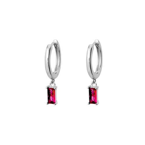 Indulge Sterling Silver ruby pink CZ baguette hoop earrings