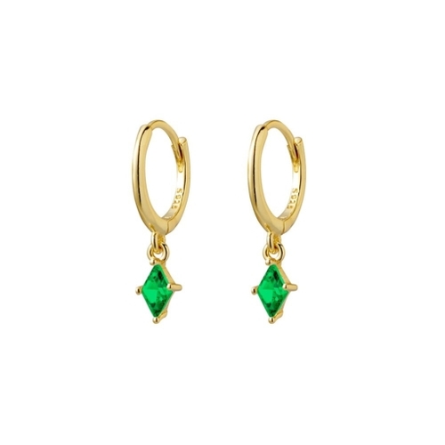 Indulge Sterling silver gold plated huggie earrings with drop diamond-shape emerald CZ