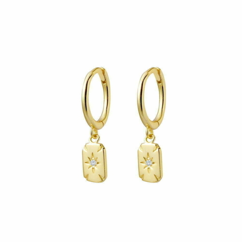 Indulge Yellow Gold Plated Sterling silver huggie earrings with petite tag featuring CZ northern star
