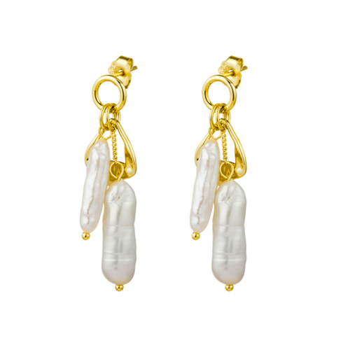 Indulge Yellow Gold Plated Sterling silver drop stud earring with two freshwater dangle pearls