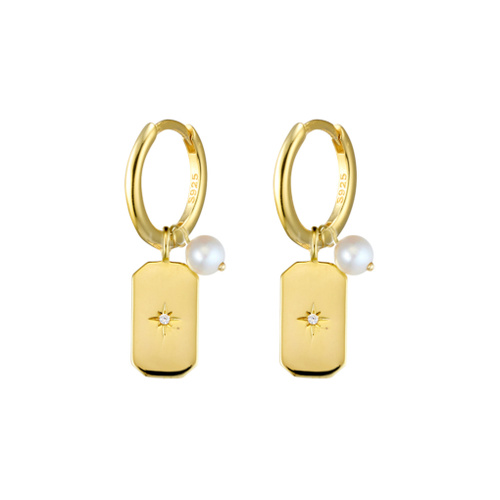 Indulge Yellow Gold Sterling silver huggie earrings with North Star tag & freshwater pearl
