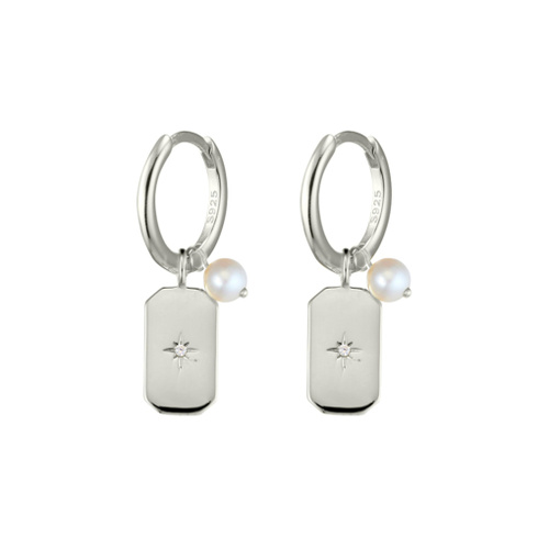 Indulge Sterling silver huggie earrings with North Star tag & freshwater pearl