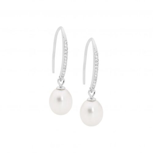 Ellani SS WH CZ Drop Earrings w/ Freshwater Pearl