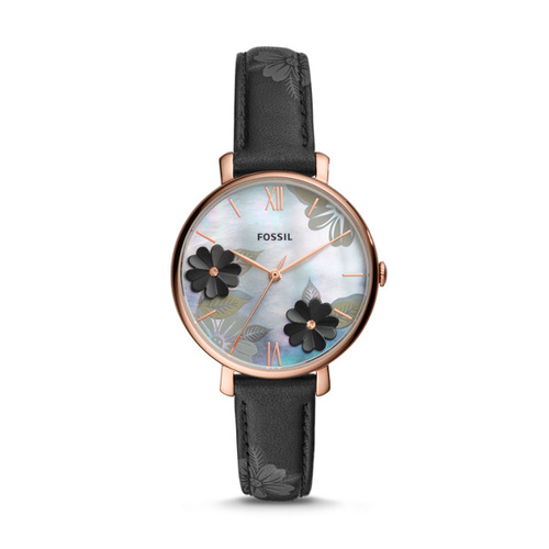 FOSSIL BLACK LEATHER AND FLORAL JACQUELINE WATCH