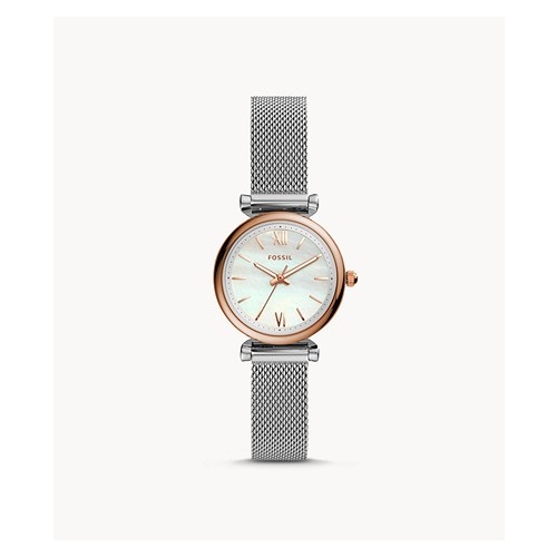 FOSSIL MINI CARLIE SILVER MESH AND ROSE GOLD WATCH