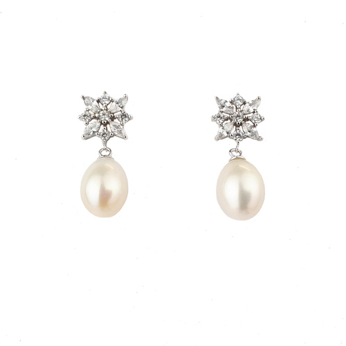 STERLING SILVER FLOWER SHAPED CZ FW PEARL EARRINGS