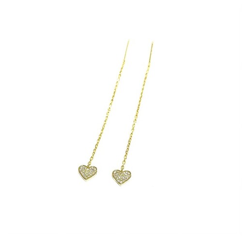 YELLOW GOLD PLATED STERLING SILVER PAVE CUBIC ZIRCONIA HEART THREAD EARRINGS
