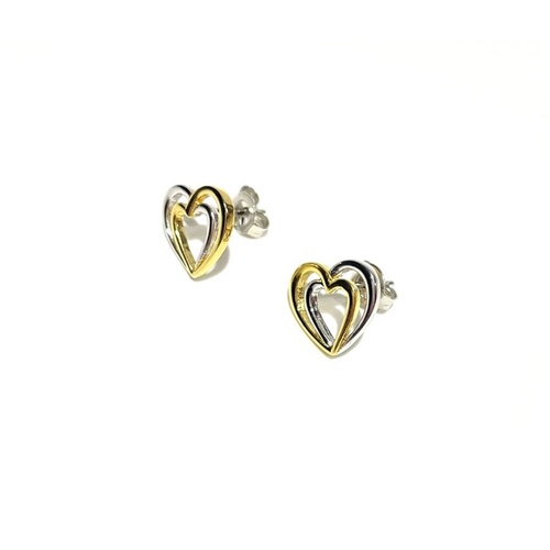 SANTO YELLOW GOLD AND SILVER DOUBLE HEART STUD EARRINGS