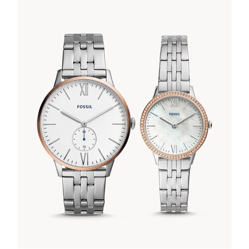 FOSSIL HIS & HERS THREE HAND STAINLESS STEEL WATCH SET