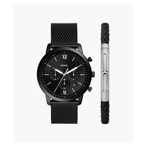 FOSSIL NEUTRA CHRONOGRAPH S/STEEEL BLACK MESH WATCH AND LEATHER BRACELET SET