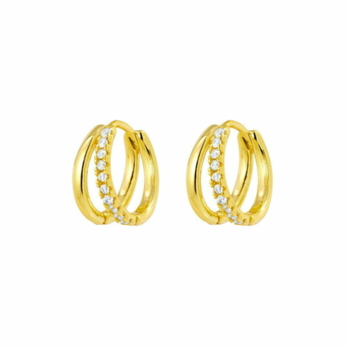 Indulge Yellow Gold Plated Sterling silver double hoop huggie earrings with CZ detail