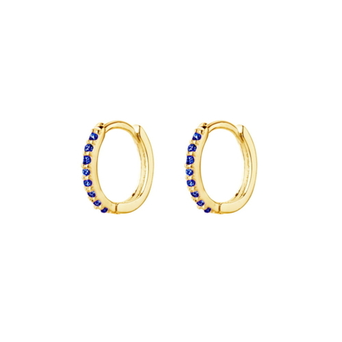 Indulge Yellow Gold Plated Sterling silver huggie earrings with sapphire CZ detail