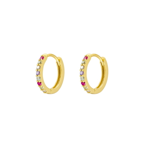 Indulge Yellow Gold Plated Sterling silver huggie earrings with multi coloured CZ detail