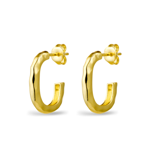 Indulge Yellow Gold Plated Sterling silver hammered open oblong hoop earrings