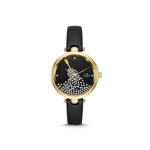 KATE SPADE BLACK LEATHER YELLOW GOLD TONE CHAMPAGNE WATCH
