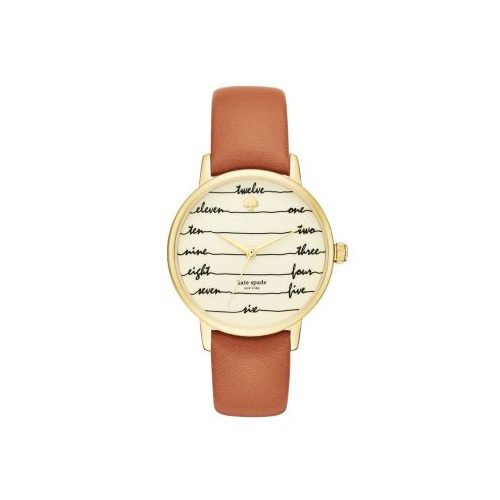 KATE SPADE YELLOW GOLD TONE AND BROWN LEATHER SCRIPT WATCH