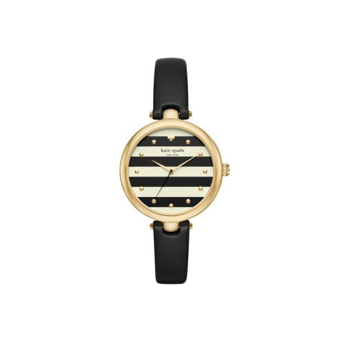 KATE SPADE VARICK BLACK LEATHER AND YELLOW GOLD TONE WATCH