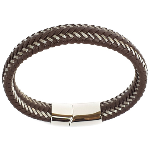 BROWN LEATHER AND STAINLESS STEEL BRACELET