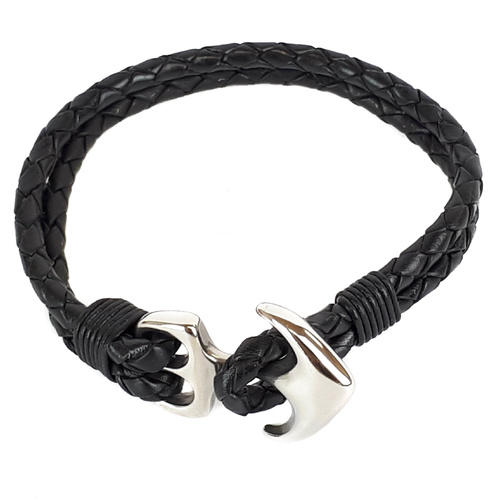 BLACK LEATHER AND STAINLESS STEEL ANCHOR BRACELET