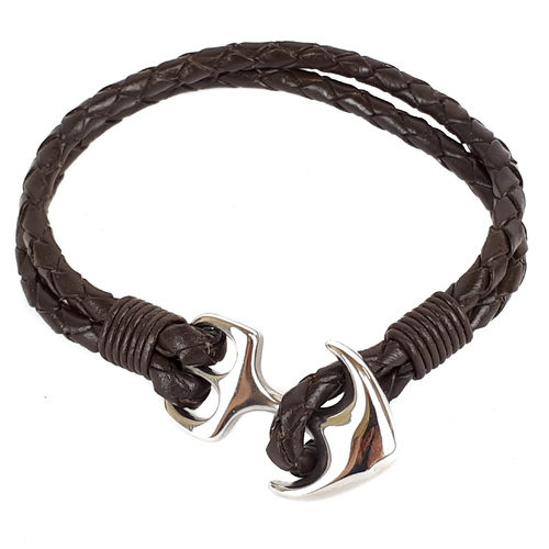 BROWN LEATHER AND STAINLESS STEEL ANCHOR BRACELET