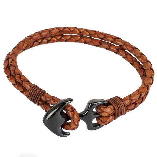 TAN LEATHER AND BLACK ANCHOR BRACELET