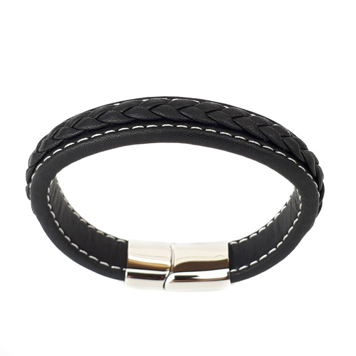 BLACK LEATHER BRACELET WITH STITCHING