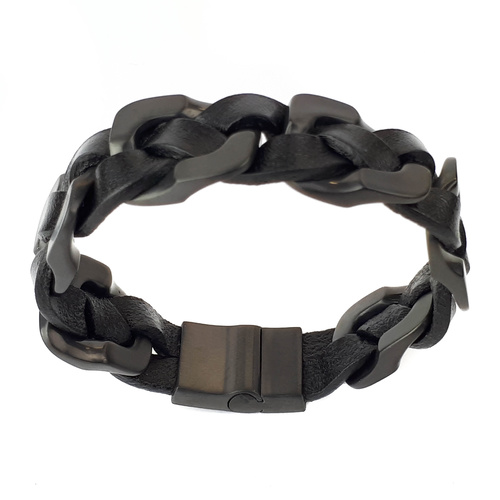 BLACK LEATHER AND BLACK STAINLESS STEEL HEAVYWEIGHT BRACELET