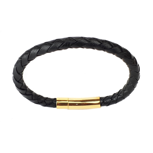 BLACK LEATHER SINGLE STRAND BRACELET WITH YELLOW GOLD CLASP