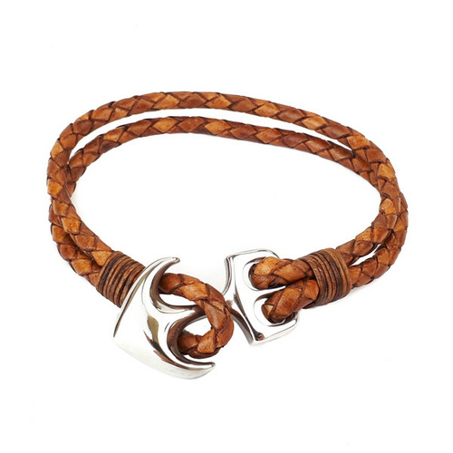 TAN LEATHER STAINLESS STEEL ANCHOR BRACELET