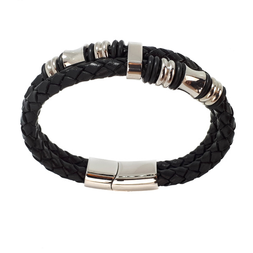 BLACK LEATHER DOUBLE STRAND BRACELET WITH STAINLESS STEEL BEADS