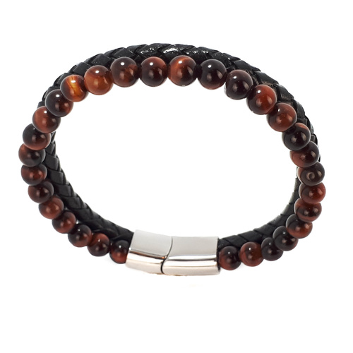 BLACK LEATHER AND RED TIGERS EYE DOUBLE STRAND BRACELET